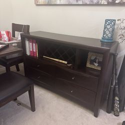 Credenza Table With Drawers And Wine Rack.