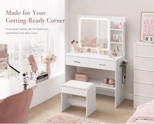White Vanity Desk with LED Lights Mirror Power Outlet and Chair 3 Lighting Modes 2 Drawers, 2 Shelves and Cushioned Stool for Storage Bedroom Dressing