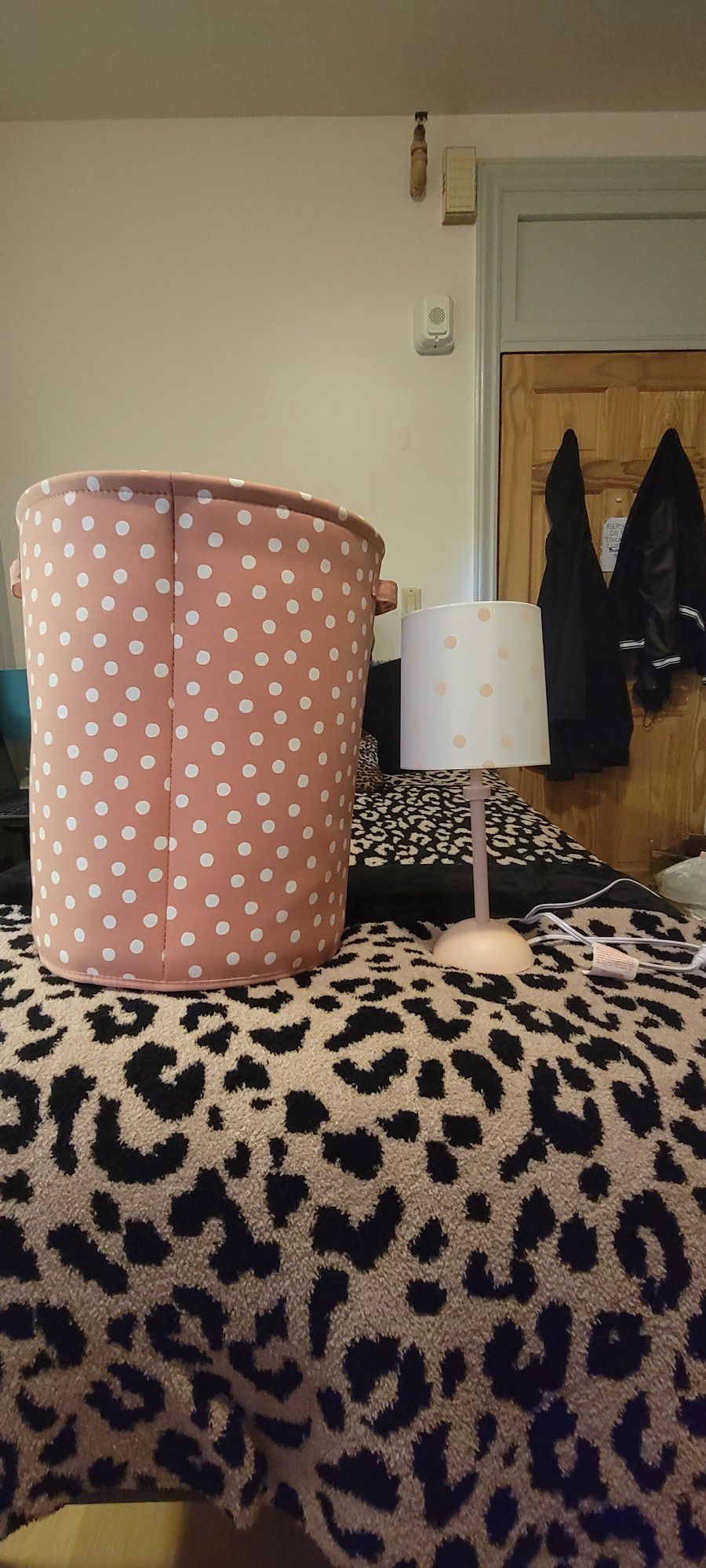 Pink And White Polk A Dot Lamp And Landry Hamper