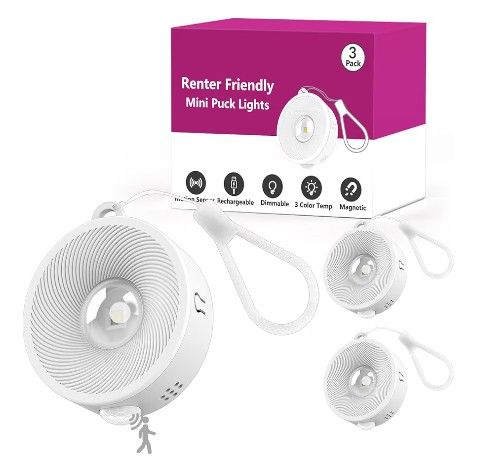 2" Rechargeable Mini Puck Lights w/Lanyard, Renter Friendly Magnetic Stick On Battery Operated Lights, Wireless Motion Sensor Light Indoor for Closet,