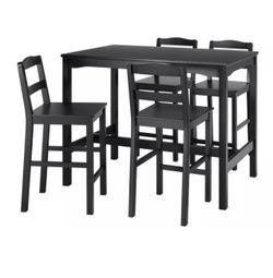 Bar table and 4 bar stools, black stained pine