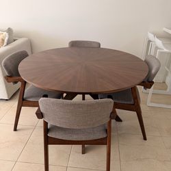 Round Wood Dining Table with 4 Grey Fabric Chairs - Available in JUNE