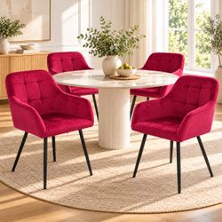 Set of 4 Wine Red Velvet Dining Chairs with Armrests