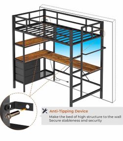 New -Twin Loft Bed with L-Shaped Desk, LED Lights,Charging Station LED Metal Kids Loft Bed Twin Size with 3 Storage Shelves and 3 Fabric Drawers, Safe