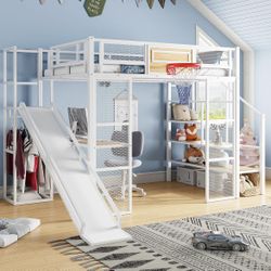 Full Size Loft Bed with Slide & Basketball Rim