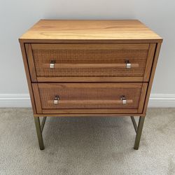 Mid-Century Modern Style Wood & Rattan 2-Drawer Nightstand