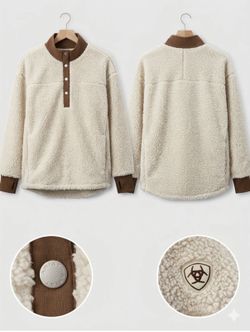 Ariat Women’s XXL Sherpa Fleece Snap Pullover - Cream/Brown - Thumbholes