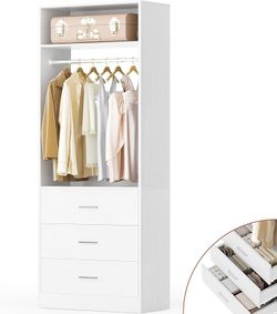 Freestanding 2FT Closet System with 3 Wood Drawers, 24" Closet Organizer System with Hanging Rod &
