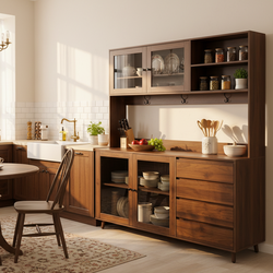 Kaunas 63" Walnut Kitchen Hutch Cabinet with Open Shelves and Drawers