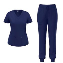 Stretch Women Medical Scrubs Set V Neck Fashion Rib Panel Jogger Pants 