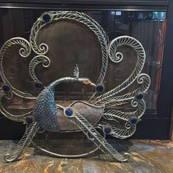 JANICE MINOR FOR NEIMANMARCUS HAMMERED SILVER MAGAZINE & CANDLE HOLDER PEACOCK, magazine holder, and fireplace screen cover