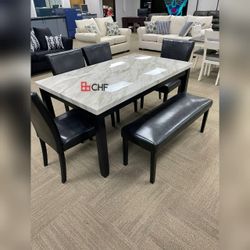 New 6 Pc Marble Top Rectangular Dining Table Set 