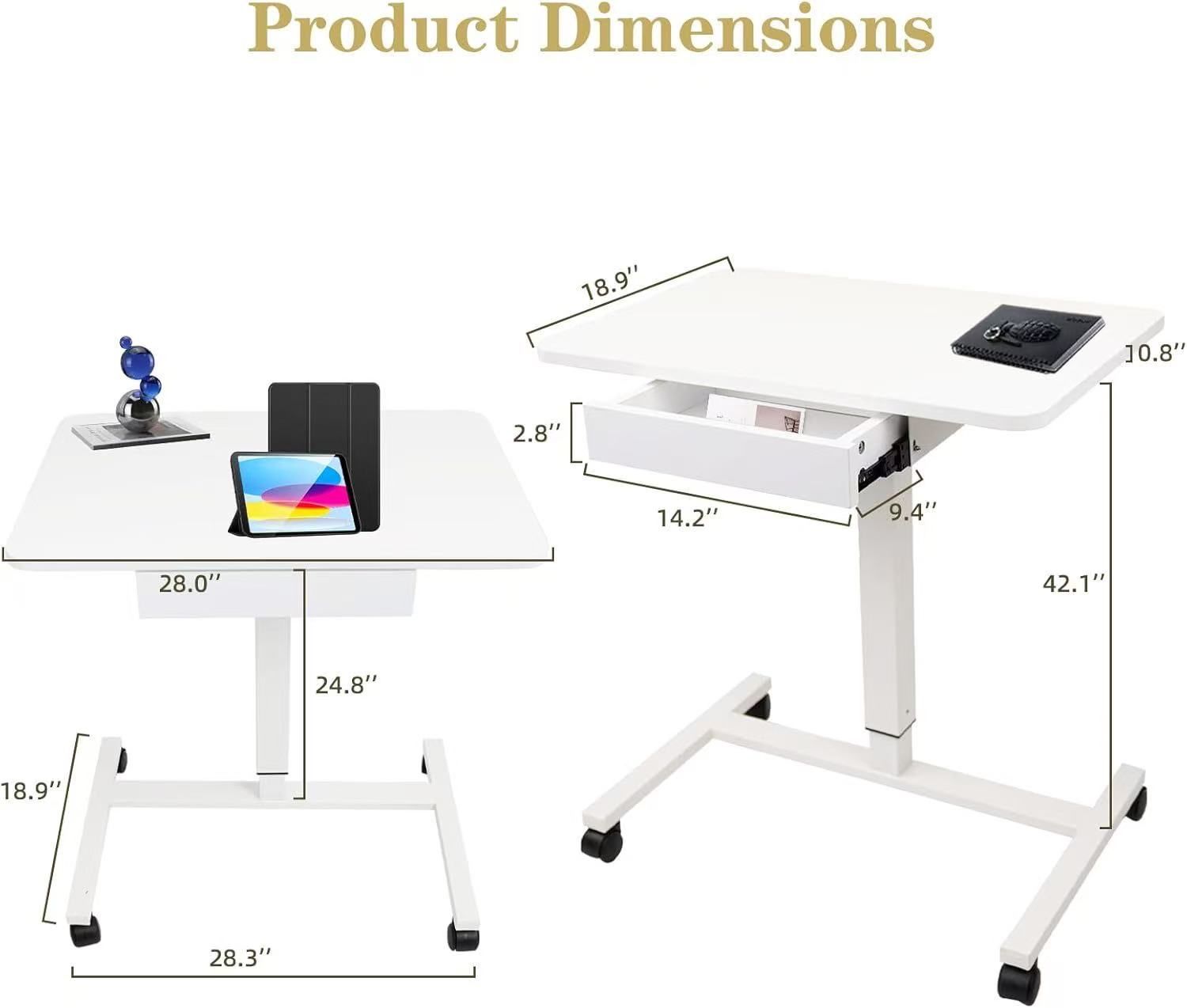 🥨CLATINA Mobile Laptop Standing Desk, Height Adjustable Teacher Podium with Lockable Wheels, Adjustable Work Table with Drawer, Computer Cart Overbed