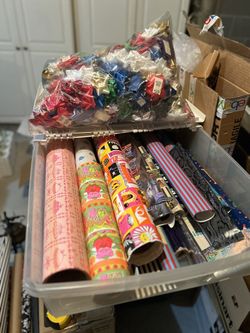 Large Lot of Wrapping Gift Paper (Some Vintage Rolls) Bows & Plastic Storage Case 