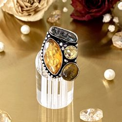 Whisky Citrine, Biwa Pearl And Tiger Eye 925 Sterling Silver Overlay Ring Size 6.75