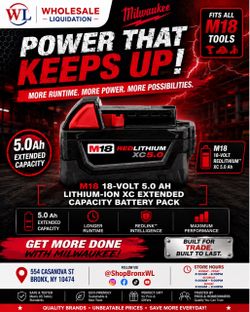 Milwaukee M18 18-VOLT 5.0 AH LITHIUM-ION XC EXTENDED CAPACITY BATTERY PACK, FITS ALL M18 TOOLS