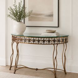 Fine Modern Contemporary High End Stars Art Half Moon Iron Glass Sofa Entryway Foyer Table Gold Copper Color HILLCREST / UNIVERSITY HEIGHTS