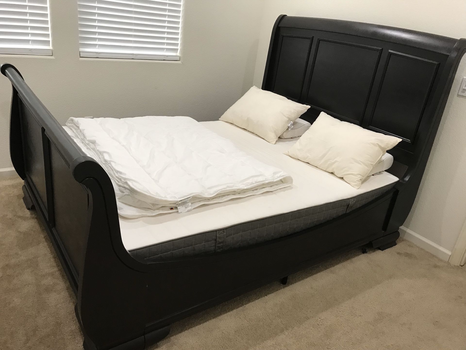 Queen Bed, solid bed frame , mattress and Metal bed base