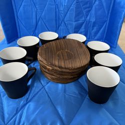 Vintage Kenji Fujita Black Porcelain 8 Cups and Wood Saucers