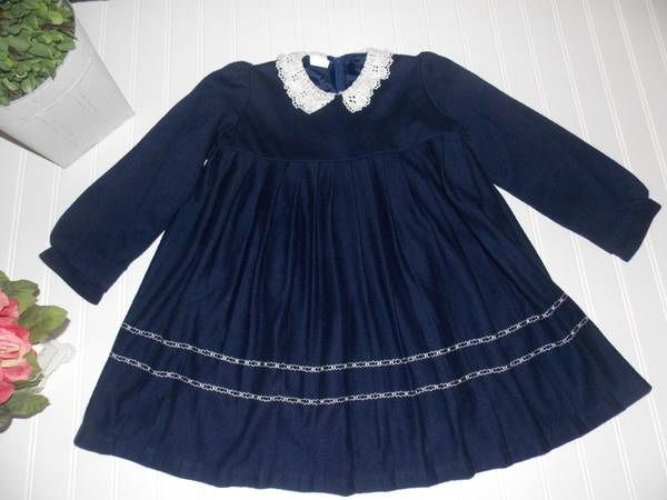 Girls 4-5 Navy Blue Dress Empire Waist Pleats Lined Lace Collar Girls Dress 4T 5T
