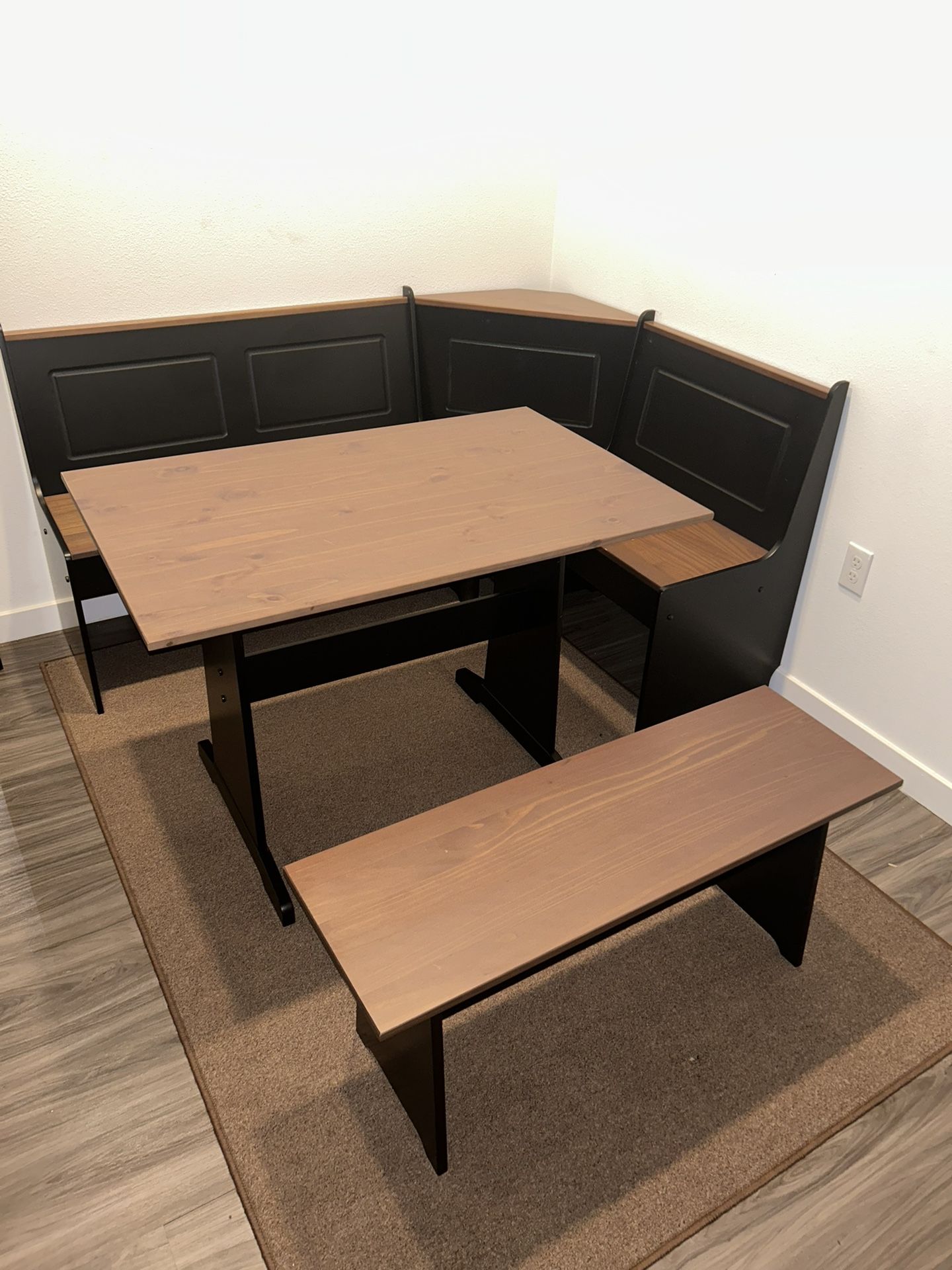 Linon Ardmore Wood Patio Conversation Kitchen Breakfast Corner Nook Table Booth Bench Dining Set in Black and Pecan