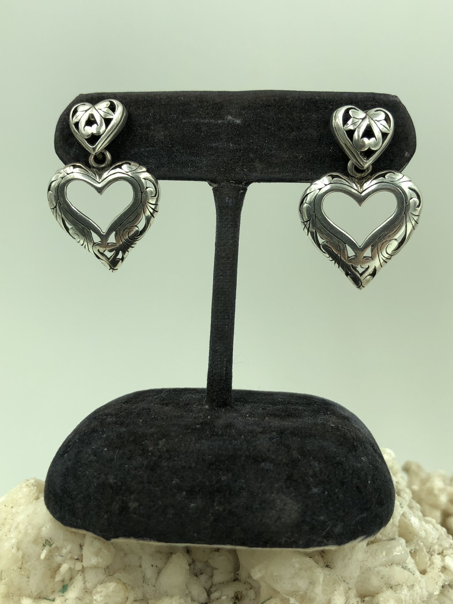 Vintage 925 Sterling Silver Double Heart Dangle Earrings