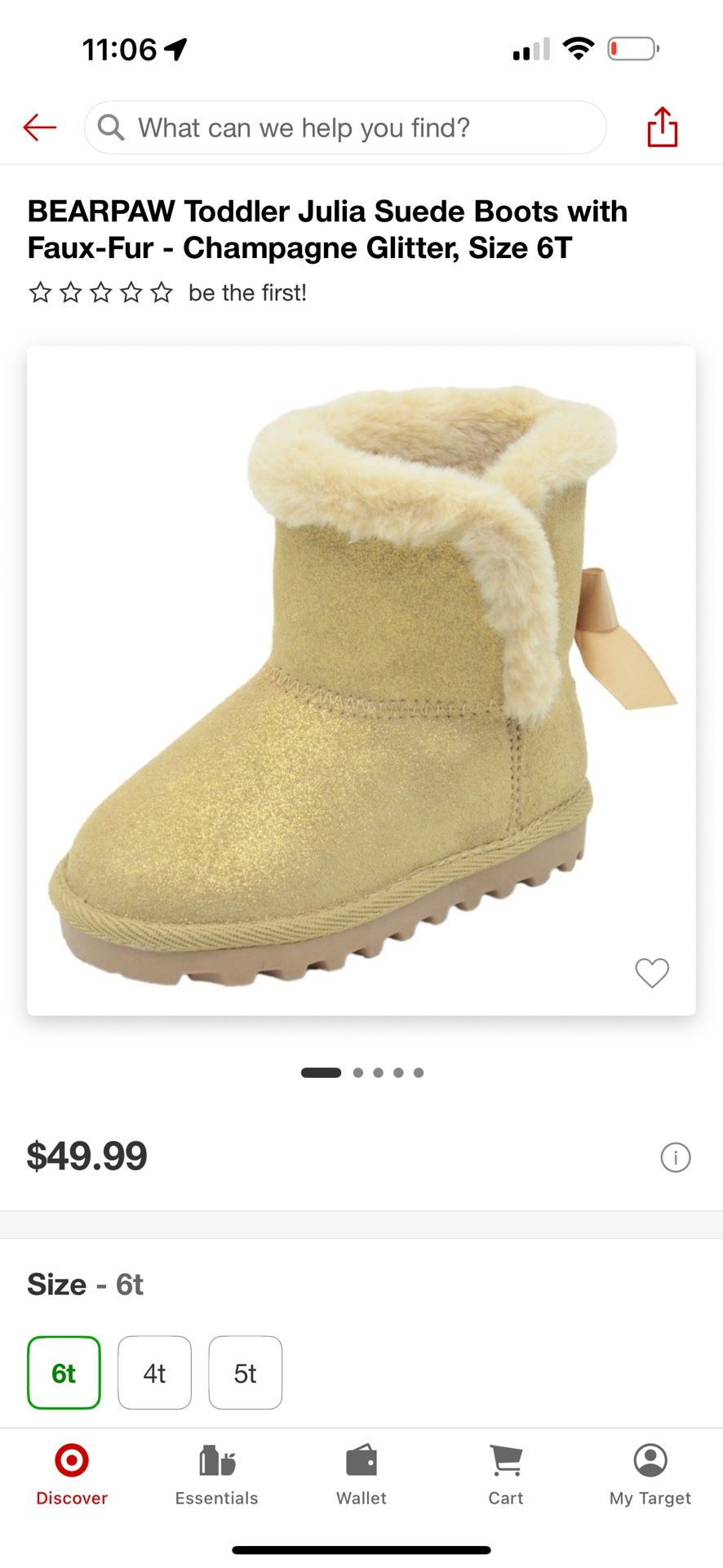 BEARPAW Toddler Julia Suede Boots with Faux-Fur - Champagne Glitter, Size 6T