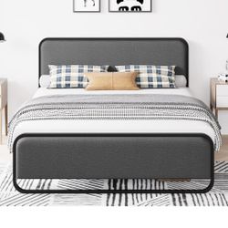 Homhougo Queen Size Metal Bed Frame With Curved Upholstered Headboard And Footboard, 10.3'' Underbed Space, No Box Spring Needed, Vintage Gray