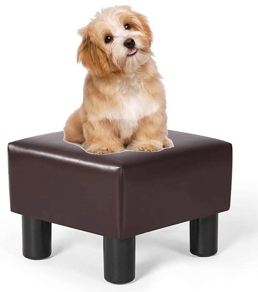 Square Brown Ottoman Footstool- Modern Soft Padded Footrest-Small Step Stool for Living Room, Office (PU Leather)