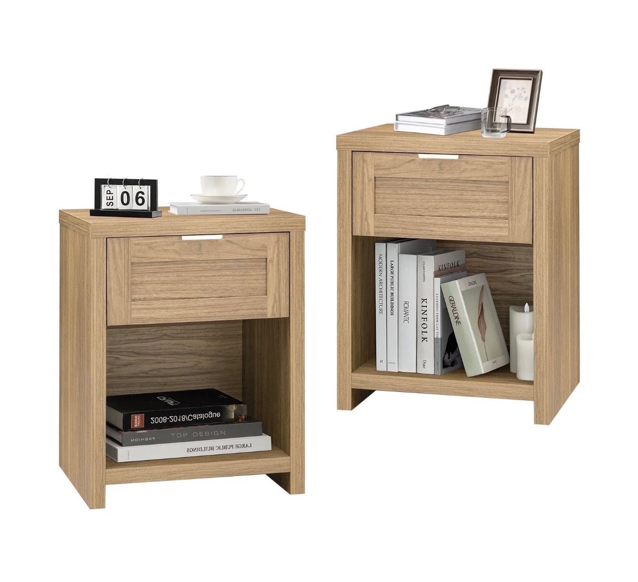 Set Of 2 Night Stands, Farmhouse Nightstands, End Table with Drawer and Open Shelf, Bedside Tables