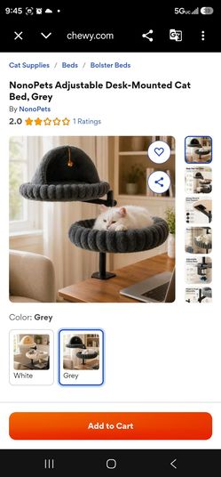 NonoPets Adjustable Desk-Mounted Cat Bed, Grey