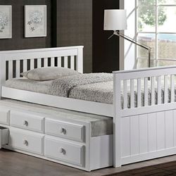 White Wooden Platform Bed w/ Trundle (Twin/Twin)