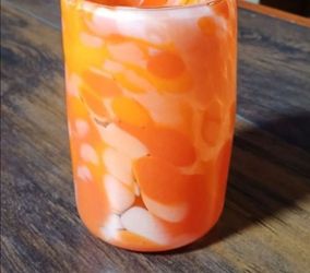 Signed Studio Art Glass Votive / Small Vase - Flame Orange & White Frit