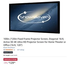 100in /120in Fixed Frame Projector Screen, Diagonal 16:9, Active 3D 4K Ultra HD Projector Screen for Home Theater or Office