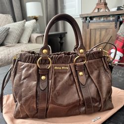Miu Miu Dark Brown Leather Shoulder Bag with Gold Accents