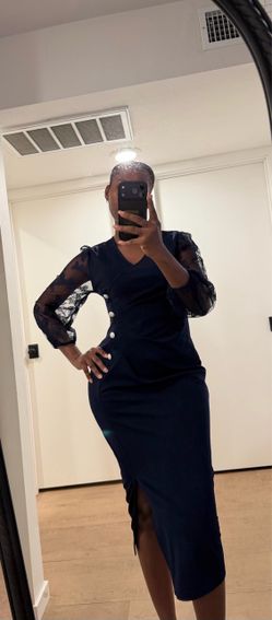 Navy Blue Midi Dress with Lace Sleeves