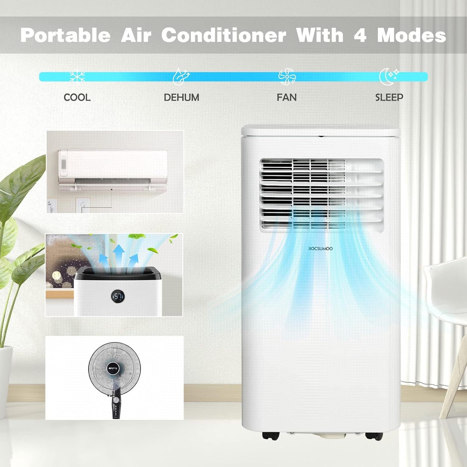 8,000 BTU Portable Air Conditioners,ROCSUMOO 3-in-1 Portable AC Unit with Fan & Dehumidifier Cools, Energy Saving Portable AC with ECO Mode, 24H Timer