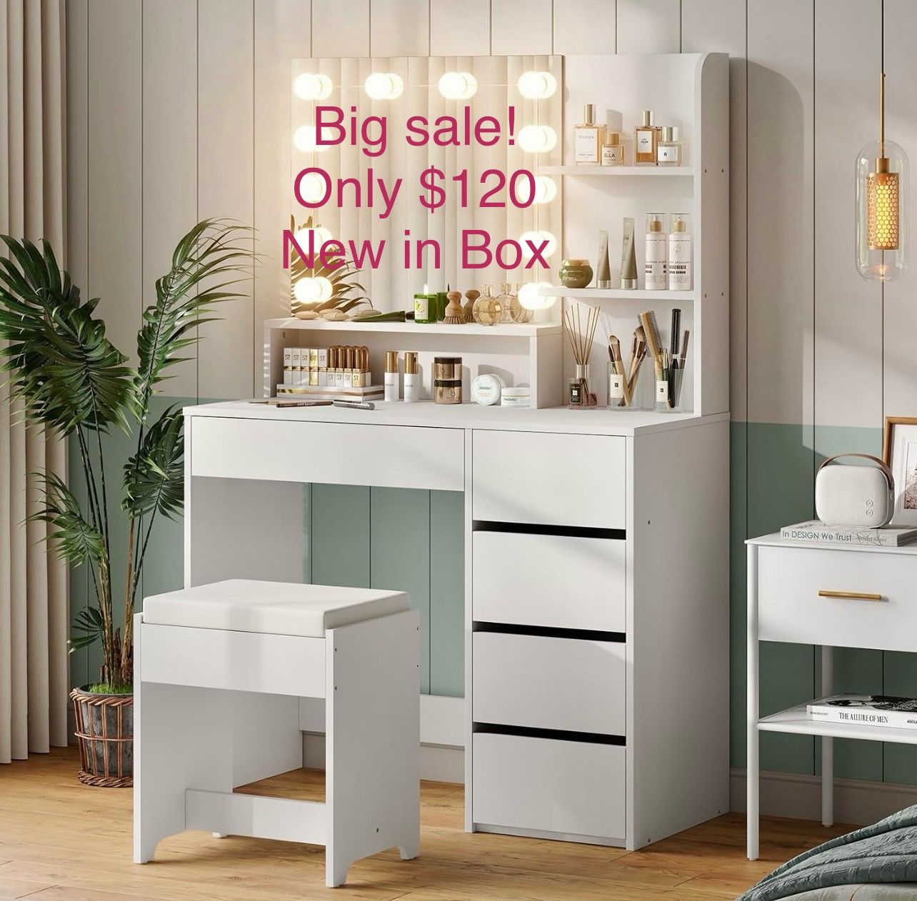 🔥ON SALE🔥37" W Vanity Desk, Vanity Mirror with Lights and Table Set with 5 Drawers, Vanity Set 3 Lighting Modes Brightness Adjustable for Bedroom St