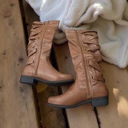 Coutgo Womens Lace Up Knee High Boots 7.5 Motorcycle Riding Flat Low Heels Strappy Winter Combat Boots