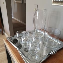 MCM Chrome Serving Tray With Pitcher, Bucket Glasses