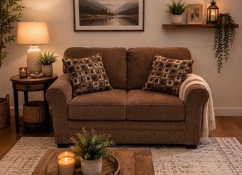 Brown 5 foot loveseat. With throw pillows. Good condition!