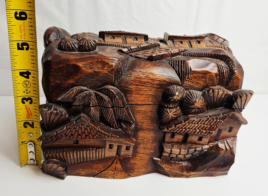Vintage Japanese Hand Carved Wood Landscape  Jewelry / Trinket Box  8"x 5"