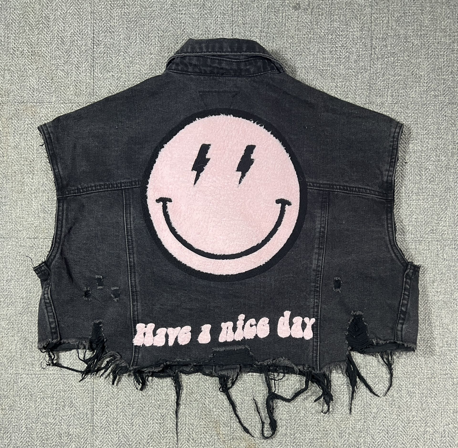 Trio Urban Jean Jacket S/M Cropped Black Denim Tattered Smiley Face  