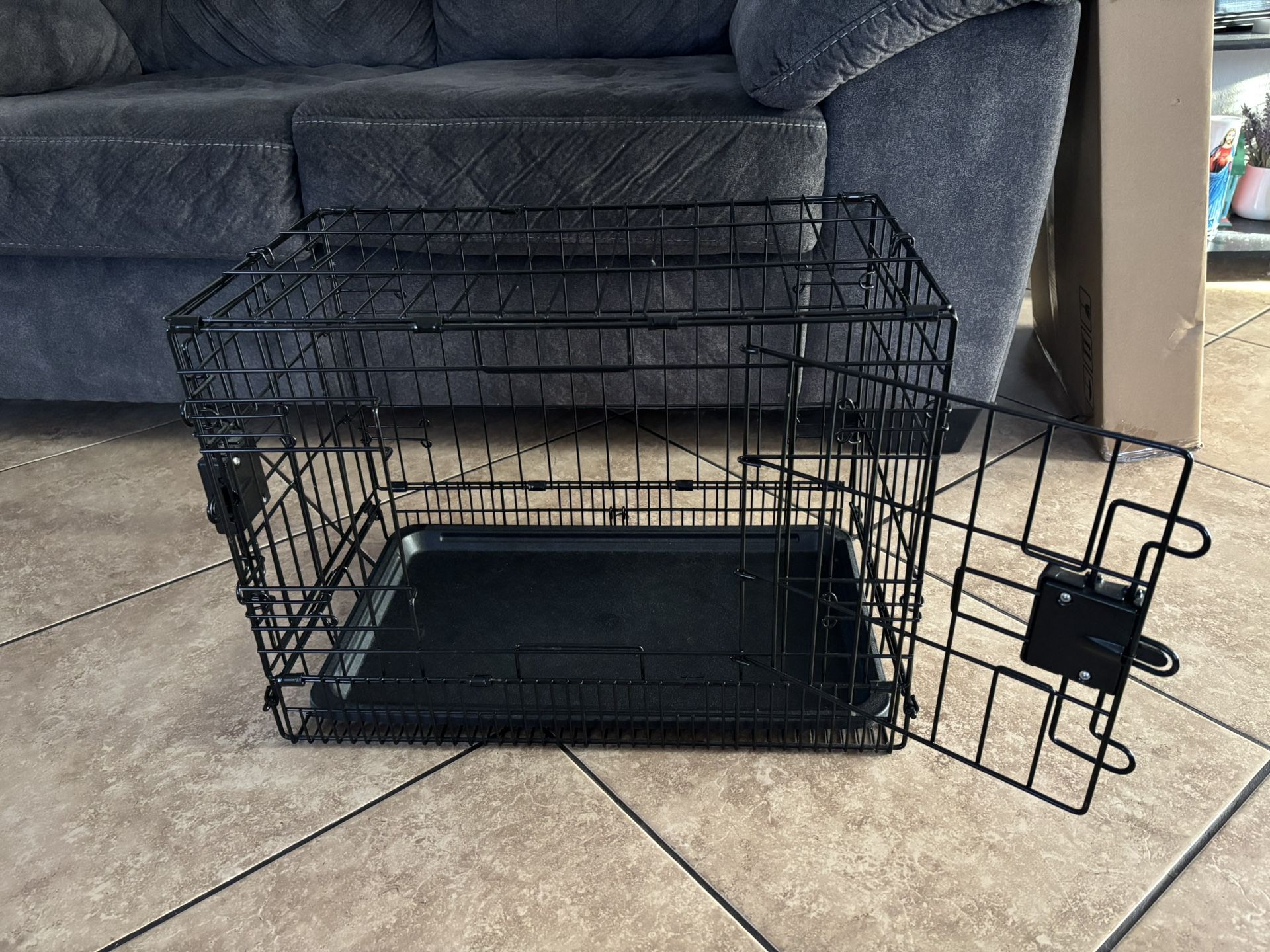 Foldable Metal Wire Dog Crate With Tray, Double Door 22x13x16 Inches, Black