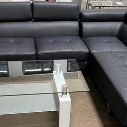 BLACK LEATHER SECTIONAL COUCH SET WITH ADJUSTABLE HEADREST