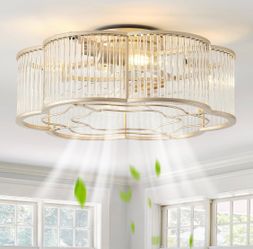 New 20" Gold Crystal Ceiling Fan with Lights&Remote Flush Mount,Reversible Motor 6 Speed