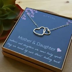 Cute Silver Tone Mother Daughter 2 Hearts Necklace With Message Card