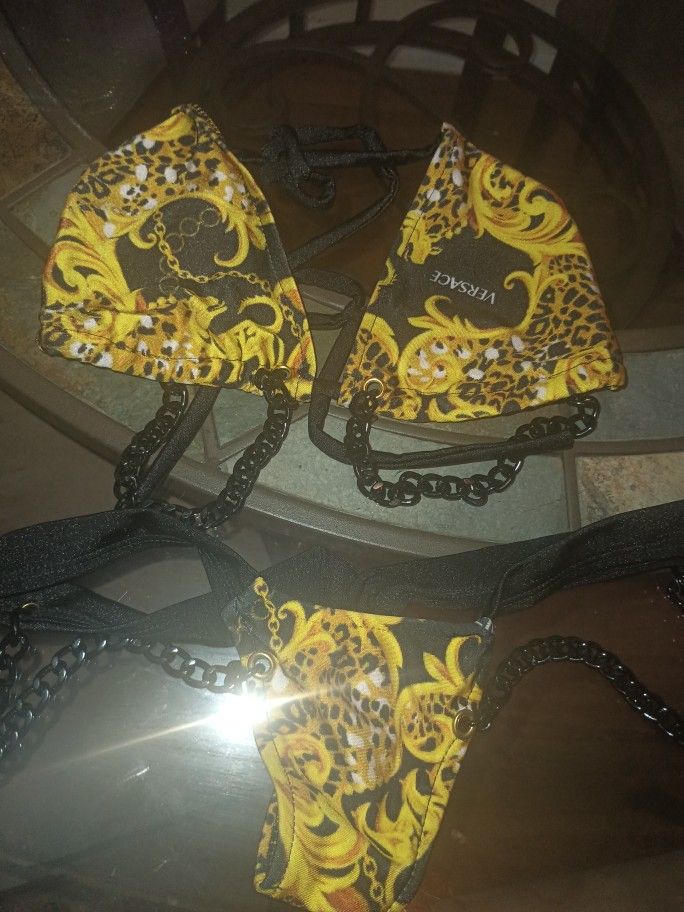 Women's Dance Lingerie Bikini Gold And Black With Chains