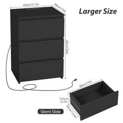 Black Nightstand Set of 2, 26" H Night Stand Set 2 with Charging Station, Black Night Stand with USB Ports & Power Outlets, Silent Slides, End Side Ta