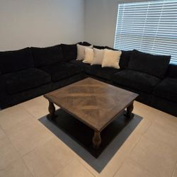 Lovesac Sectional Navy Blue + Wood Tables